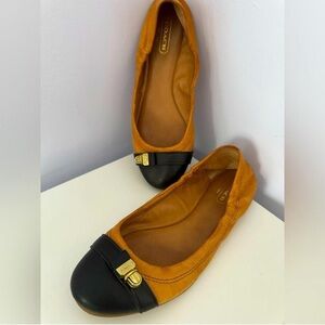 Coach Delphine Brown and Black Leather Ballet Flats w/ Gold Hardware